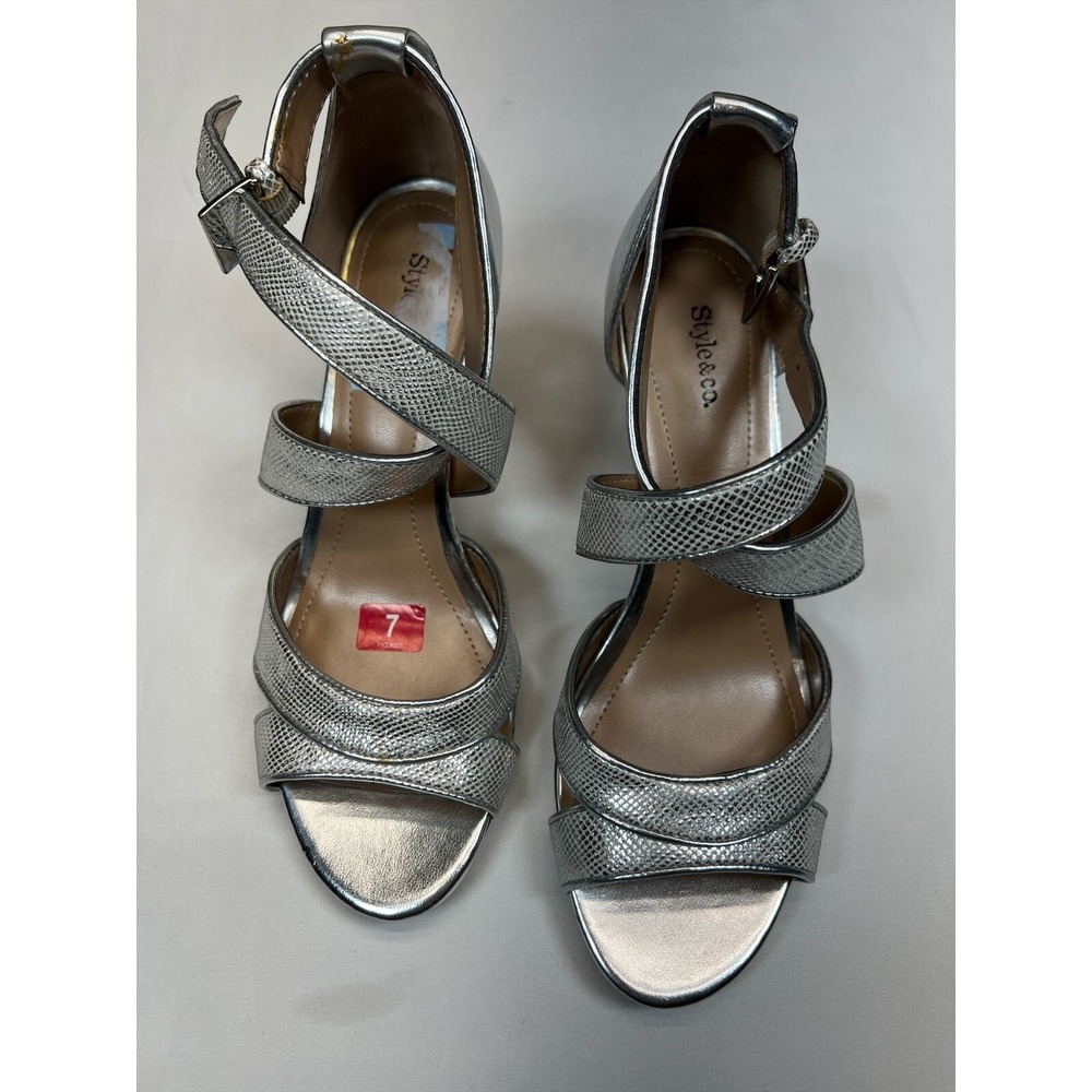 Style & Co Women's‎ Silver Snake Print Strappy Heels Dress Sandals Size 7M
